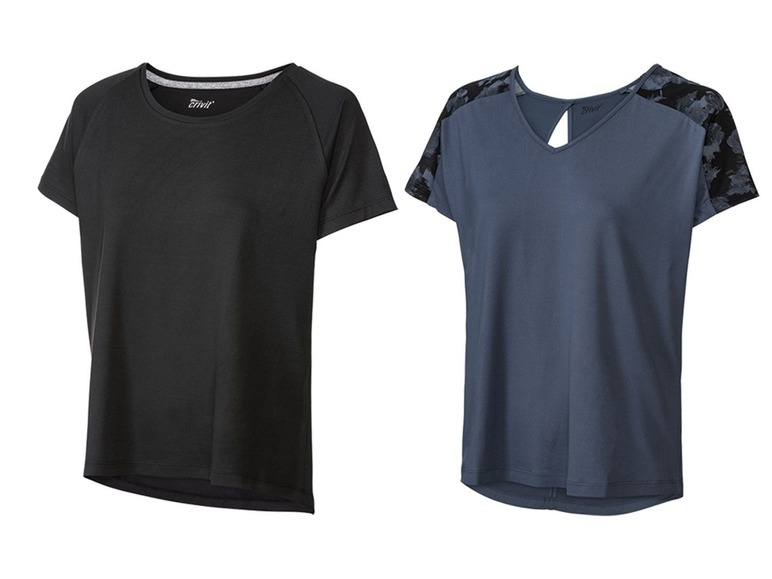 2 dames sportshirts XS (32-34), Blauw-zwart
